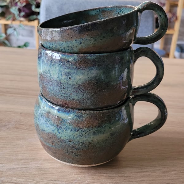 Trio of Blue-Green Mugs Handmade Pottery