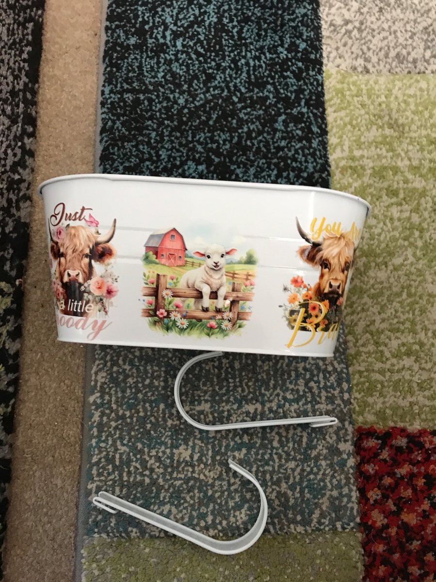 White fence planter with highland cows and lamb super cute motif