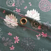 Water Lily's on Grey Organic Cotton Shower Curtain, washable non-waxed