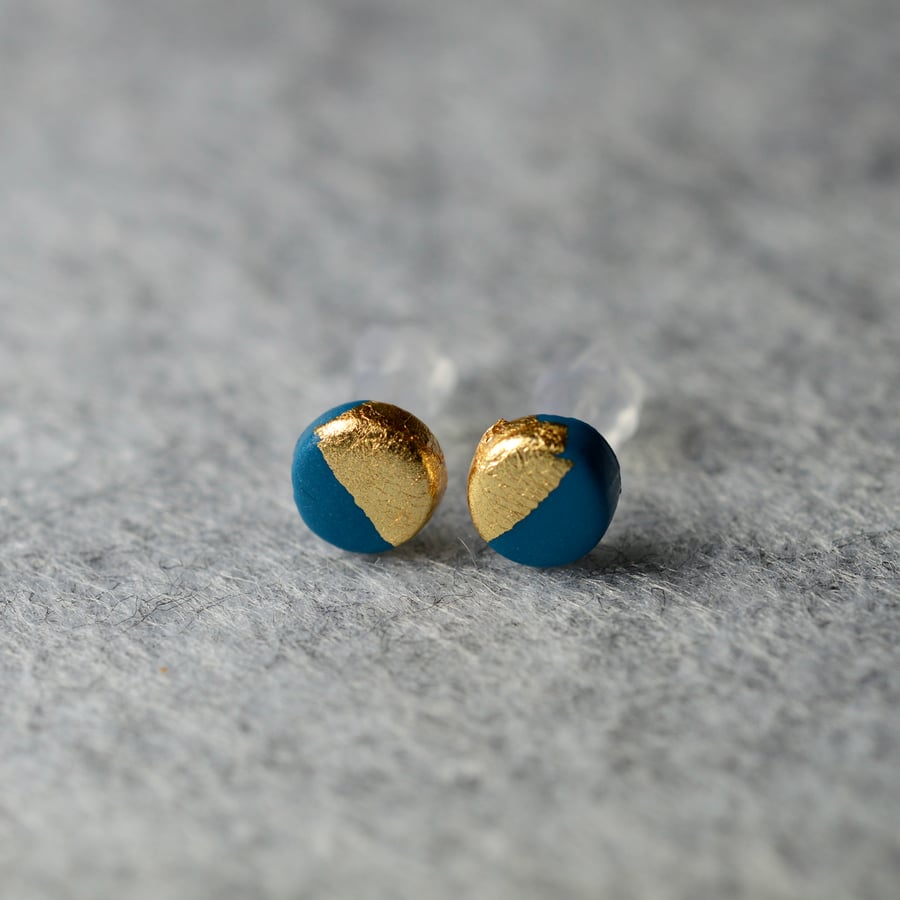 Small Teal and Gold Polymer Clay Earrings 