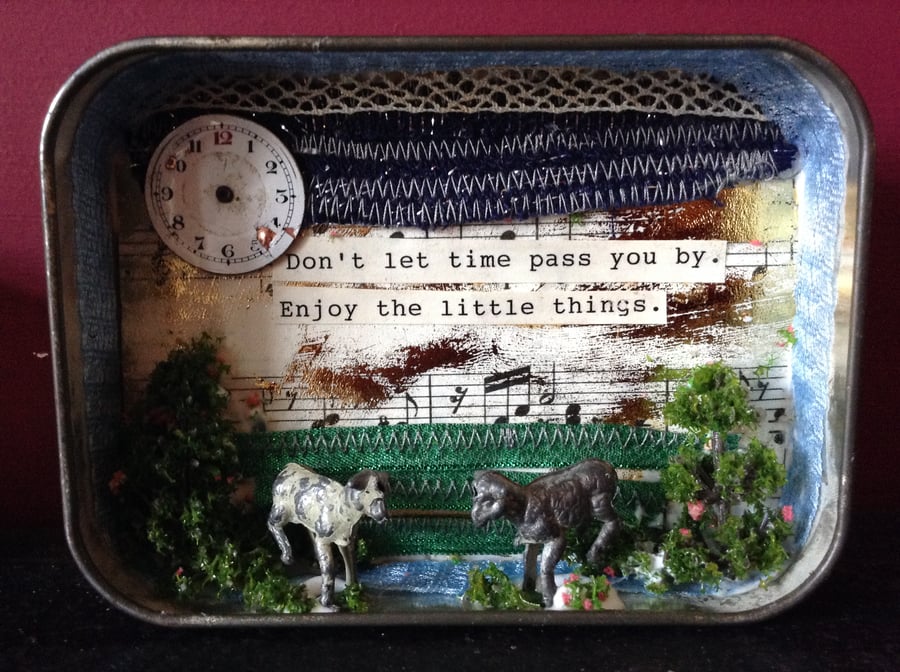 RESERVED for Claire: Vintage altered art tin. Lambs, sprig, youthfulness. 
