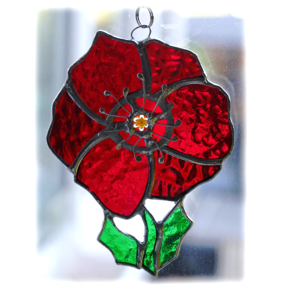Poppy Suncatcher Stained Glass Handmade Red Flower 035
