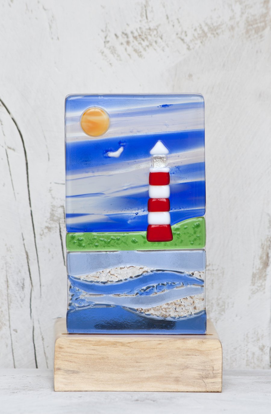 Lighthouse and Sea Scene - Fused Glass Panel set in a Sycamore Tealight Holder