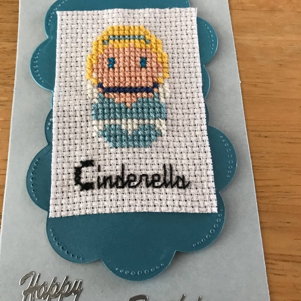 Cross stitched cinderella happy birthday gift tag