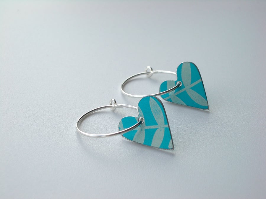 Heart hoop earrings in turquoise and silver