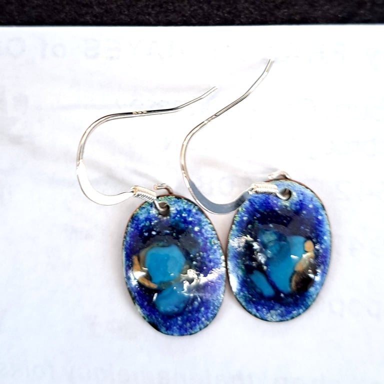 earrings - small oval blue glass lump on blue enamel, silver wires