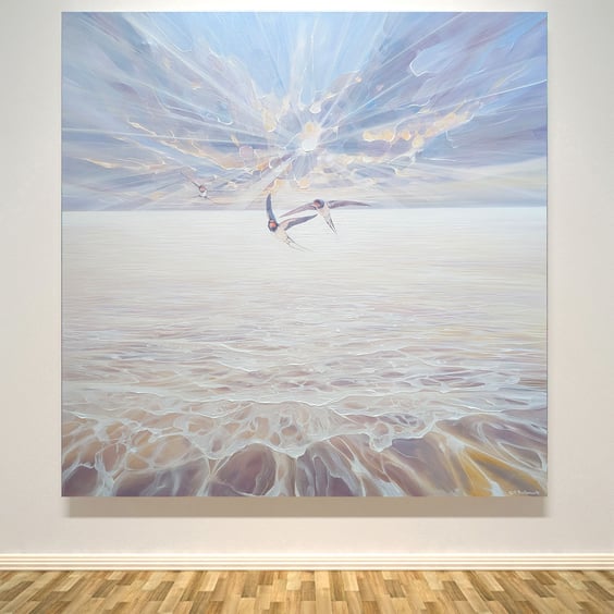 Beautiful Heralds is a large white seascape with swallows