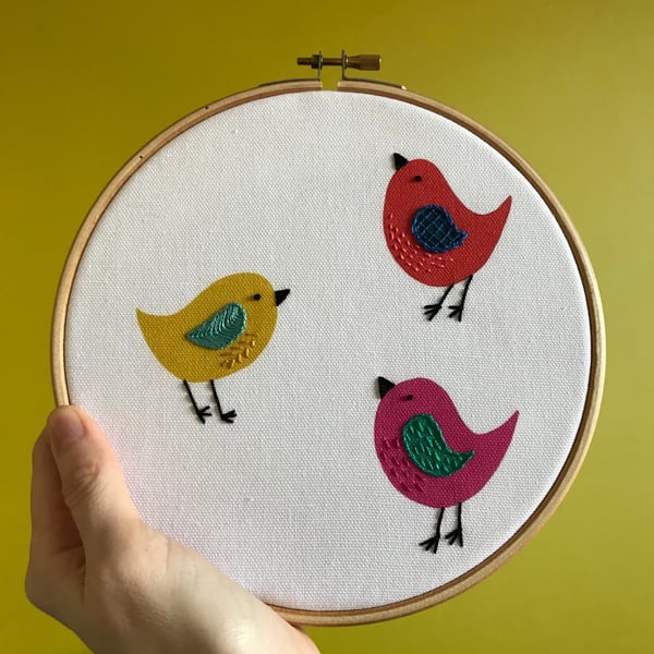 Three Birds Hand Embroidered Digital Print Hoop Art Wall Decoration 