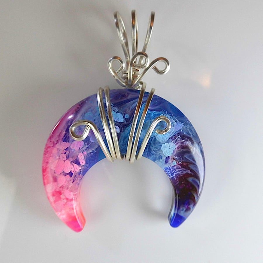 Crescent Moon Pendant, Wire Wrapped Pendant, Resin Jewelry, Unique