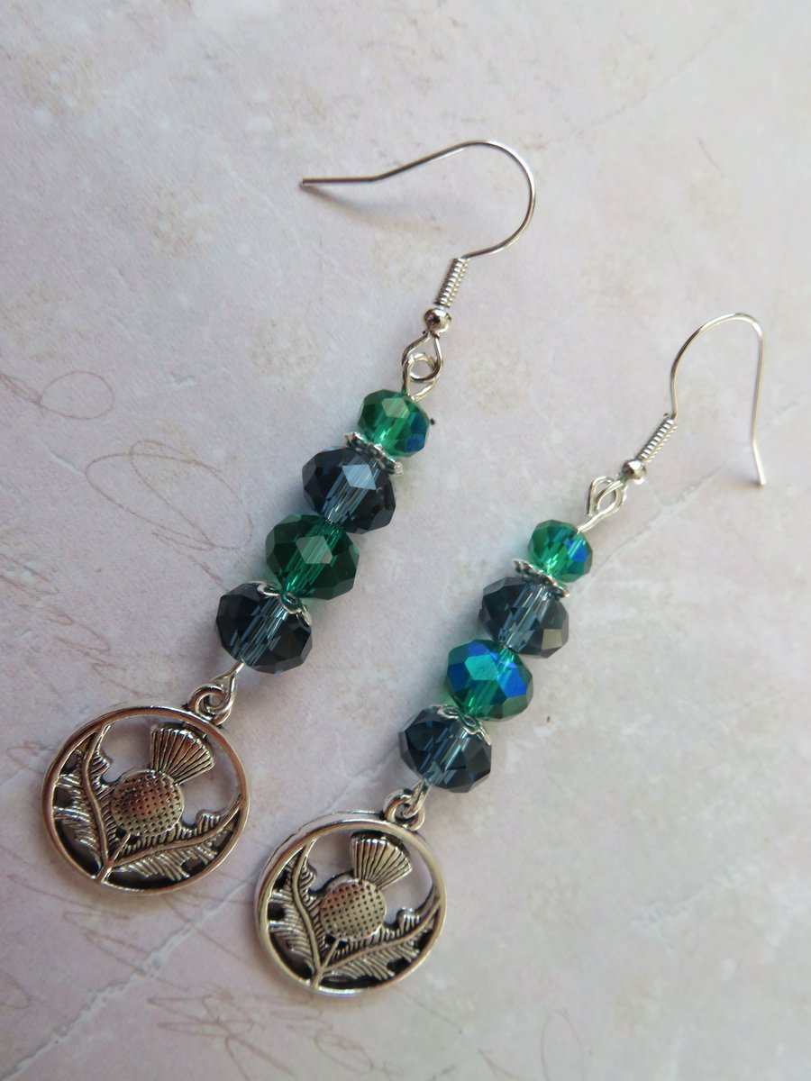 Silver Tone Celtic Scottish Silver Thistle & Navy Crystal Beaded Earrings 