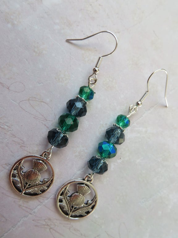 Silver Tone Celtic Scottish Silver Thistle & Navy Crystal Beaded Earrings 