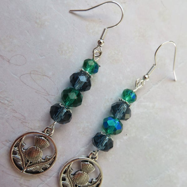 Silver Tone Celtic Scottish Silver Thistle & Navy Crystal Beaded Earrings 
