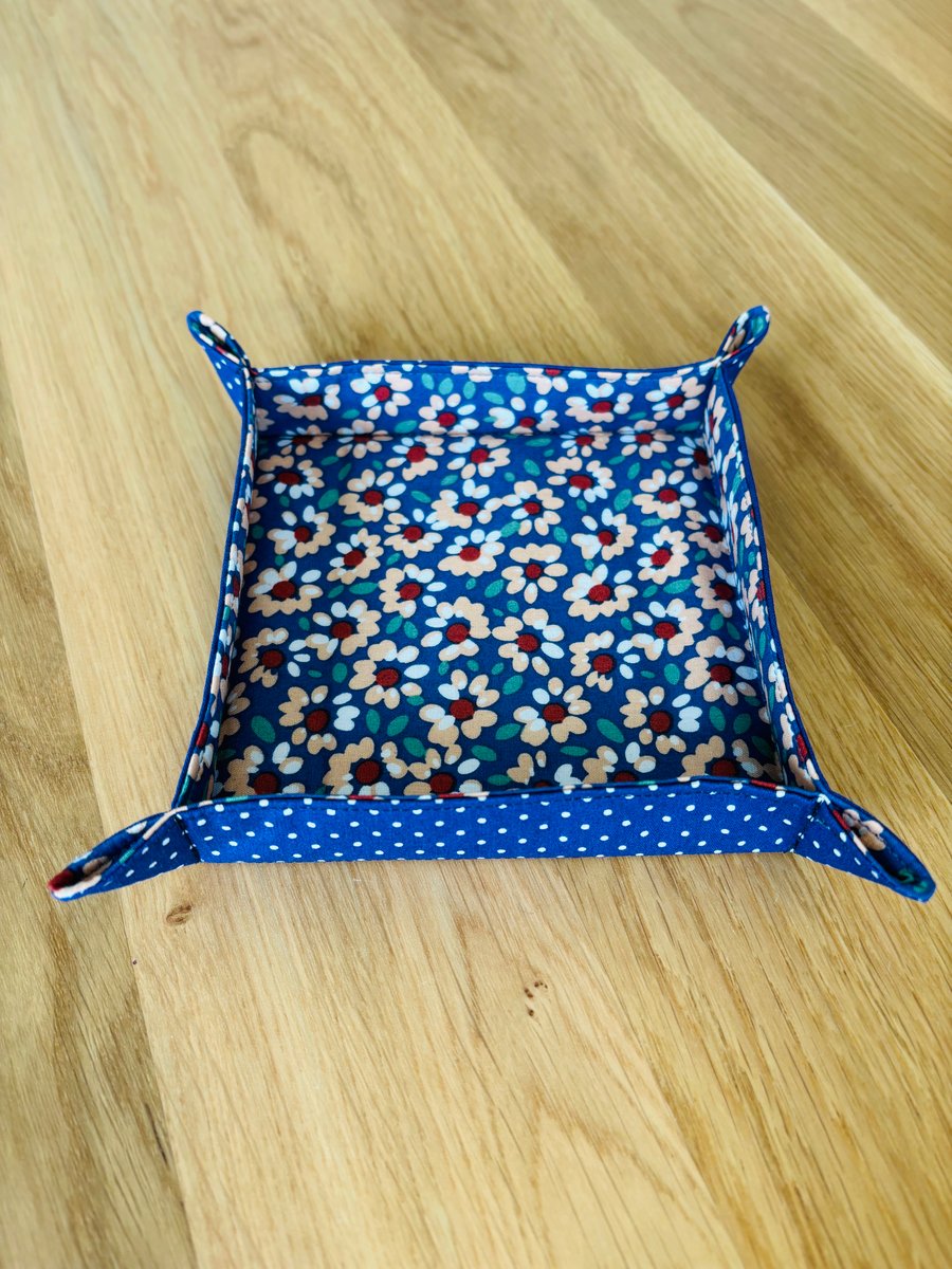 Fabric trinket tray, small storage basket, dice tray in blue floral design