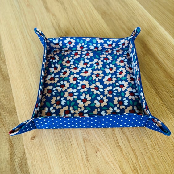 Fabric trinket tray, small storage basket, dice tray in blue floral design