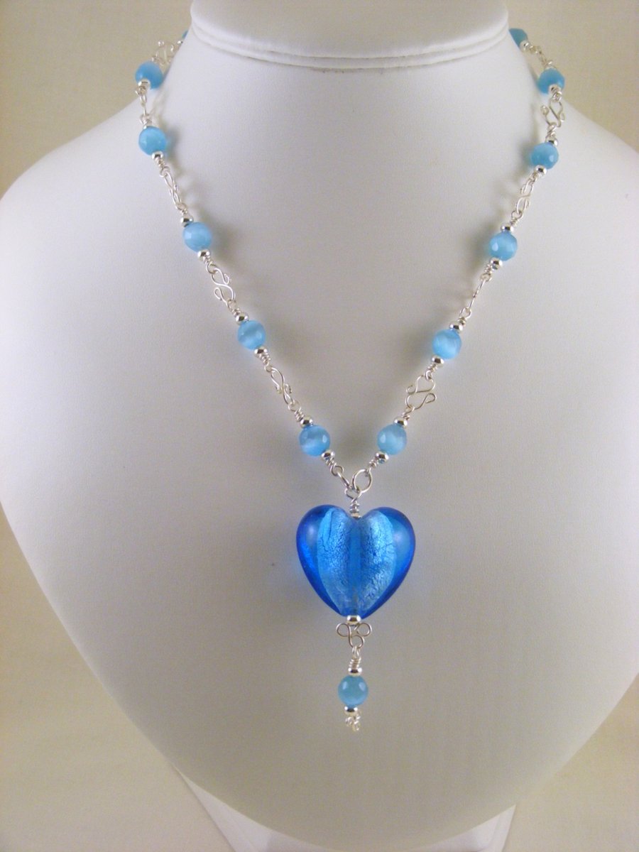 Blue Glass Heart Pendant Necklace