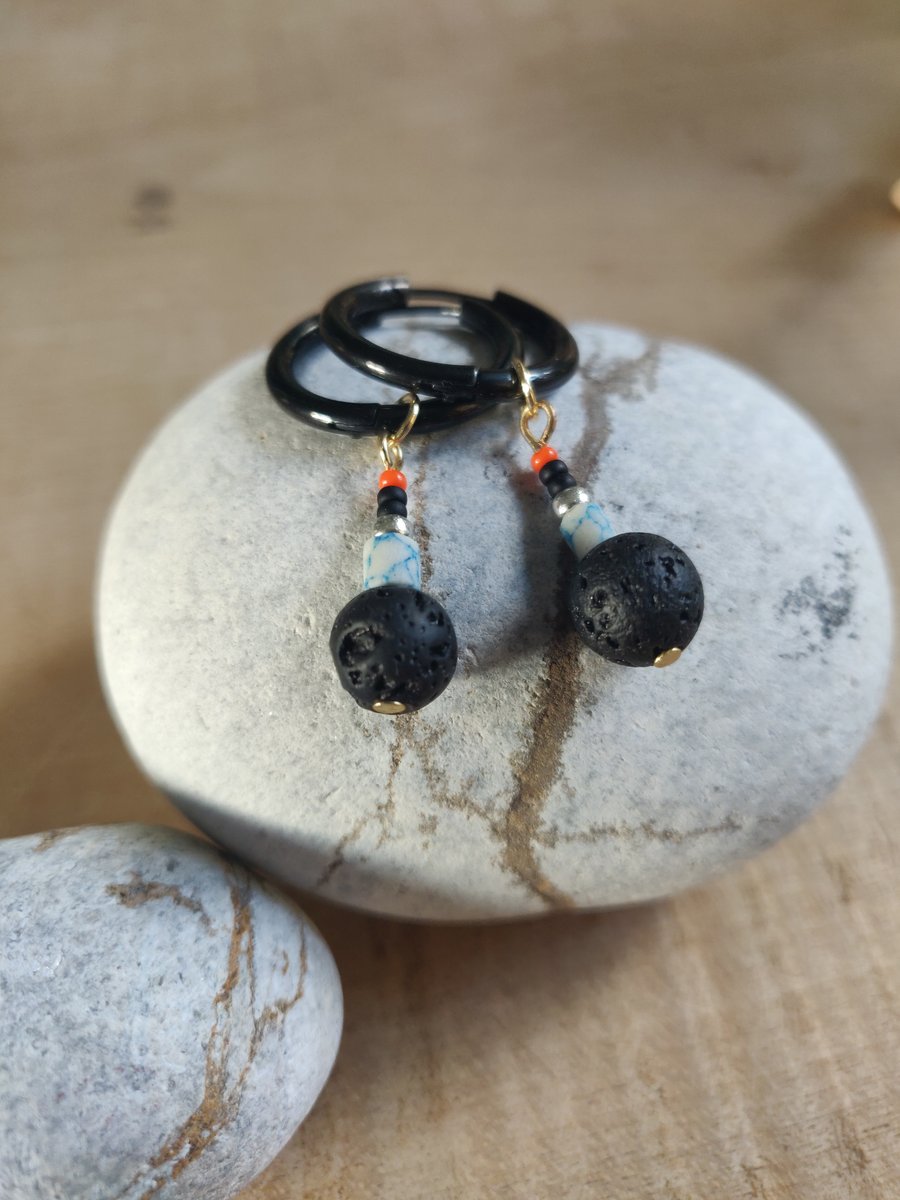 Stylish bead earrings with black huggie hoops