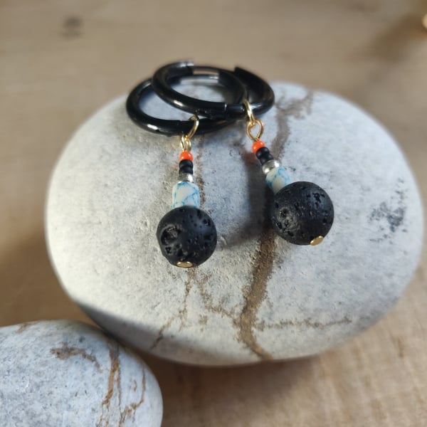 Stylish bead earrings with black huggie hoops