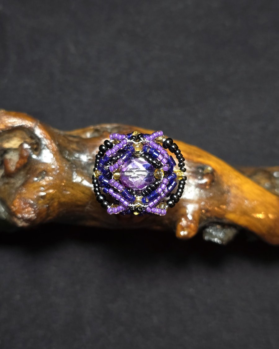 Purple Black Glass Adjustable Ring