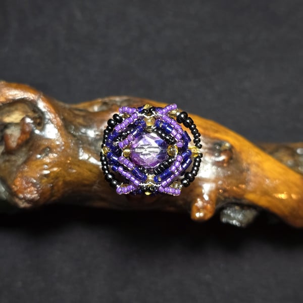 Purple Black Glass Adjustable Ring