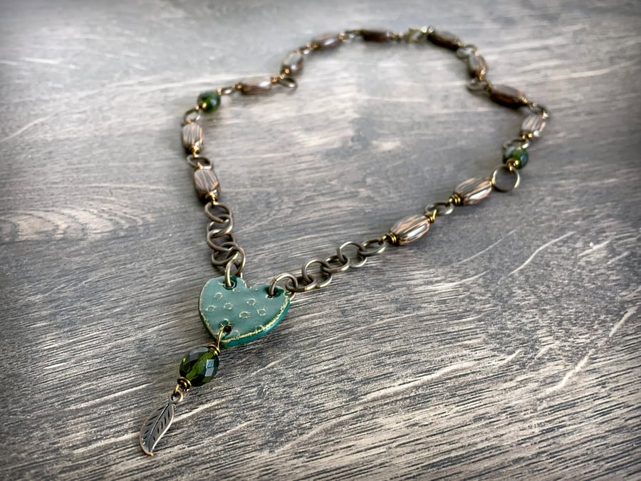 Emerald Green Artisan Ceramic Heart Necklace. Rustic Wood Bead & Brass Necklace