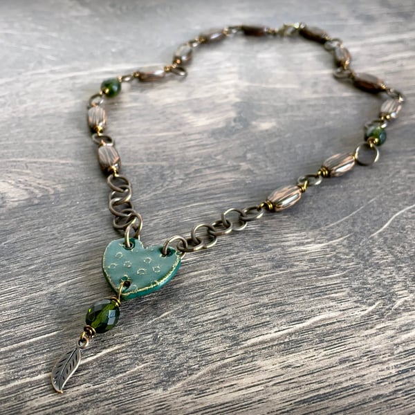 Artisan Ceramic Necklace. Heart Necklace. Green Necklace. Brass Necklace
