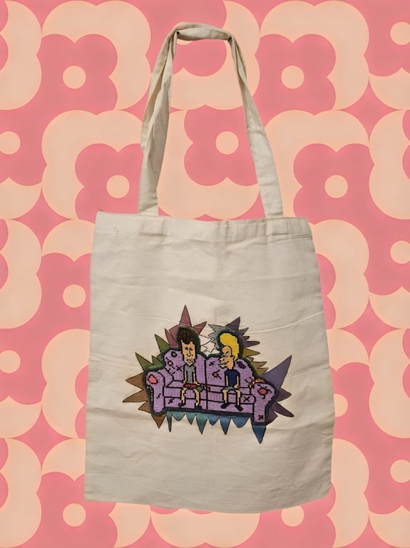 Beavis and Butt-Head Inspired Cross-Stitch & Hand-Painted Canvas Tote Bag 