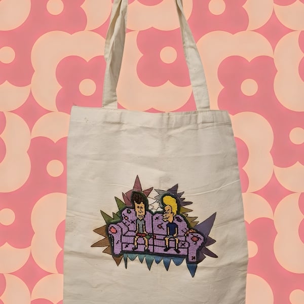 Beavis and Butt-Head Inspired Cross-Stitch & Hand-Painted Canvas Tote Bag 