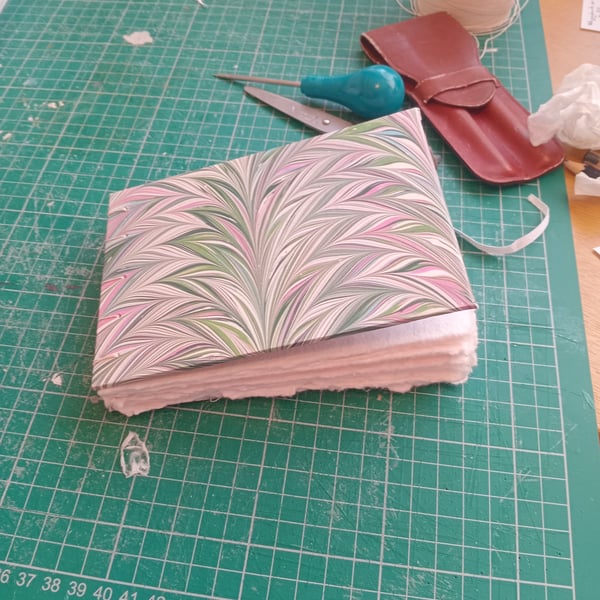 A6 coptic sketchbook hand torn cotton rag paper printed marbled cover