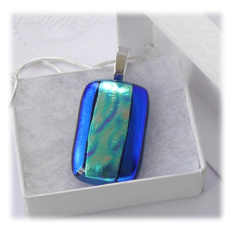Blue Dichroic Glass Pendant 159 Aqua Stripe with silver plated chain