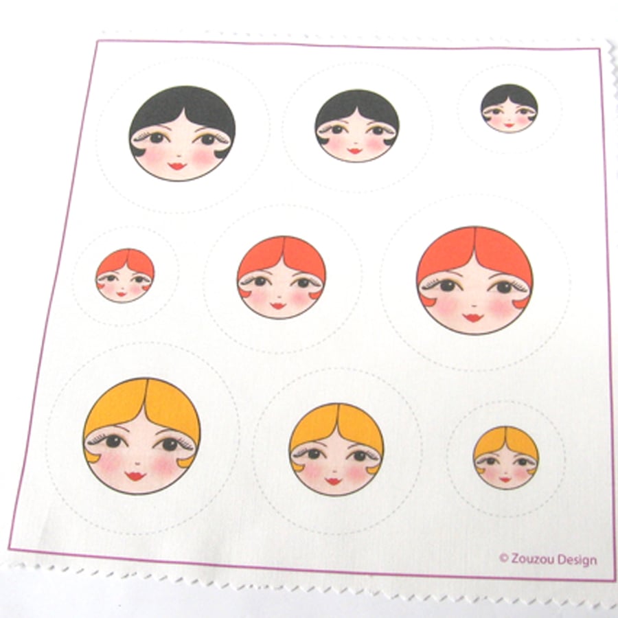 Make your own doll face self cover fabric buttons (Set of 9)