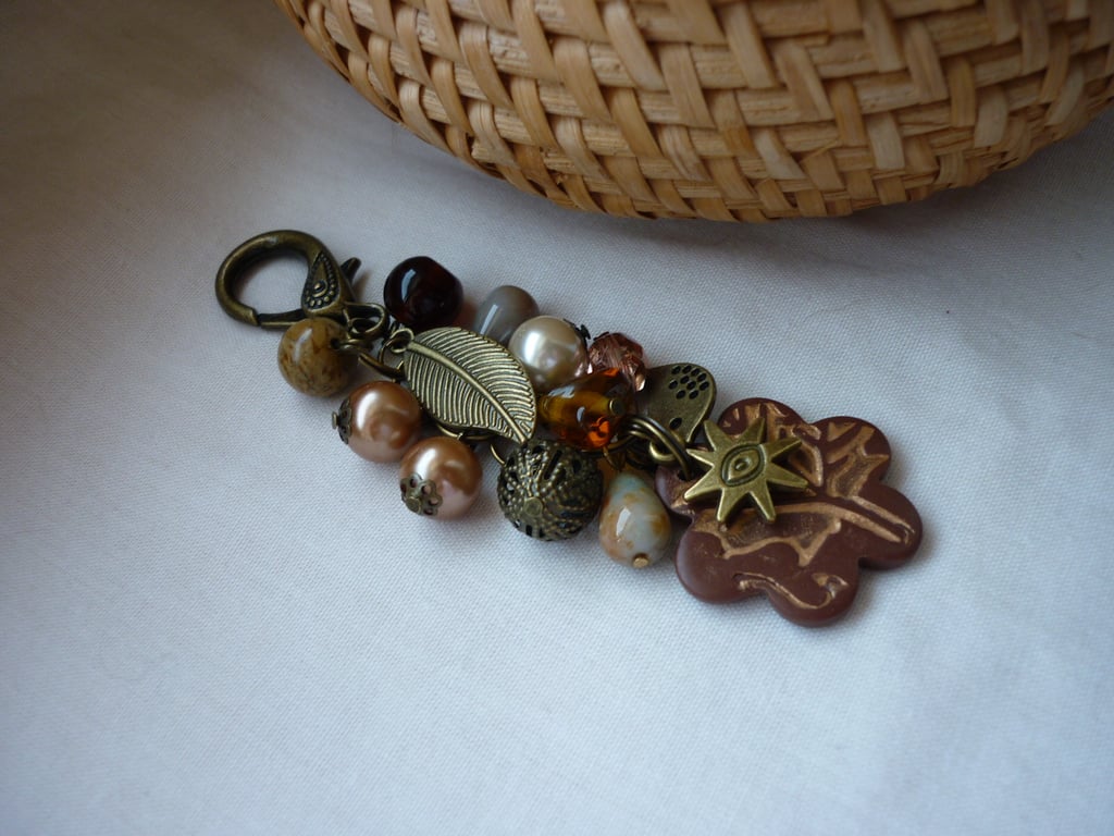 BROWN AND BRONZE FLOWER HANDBAG CHARM.  899