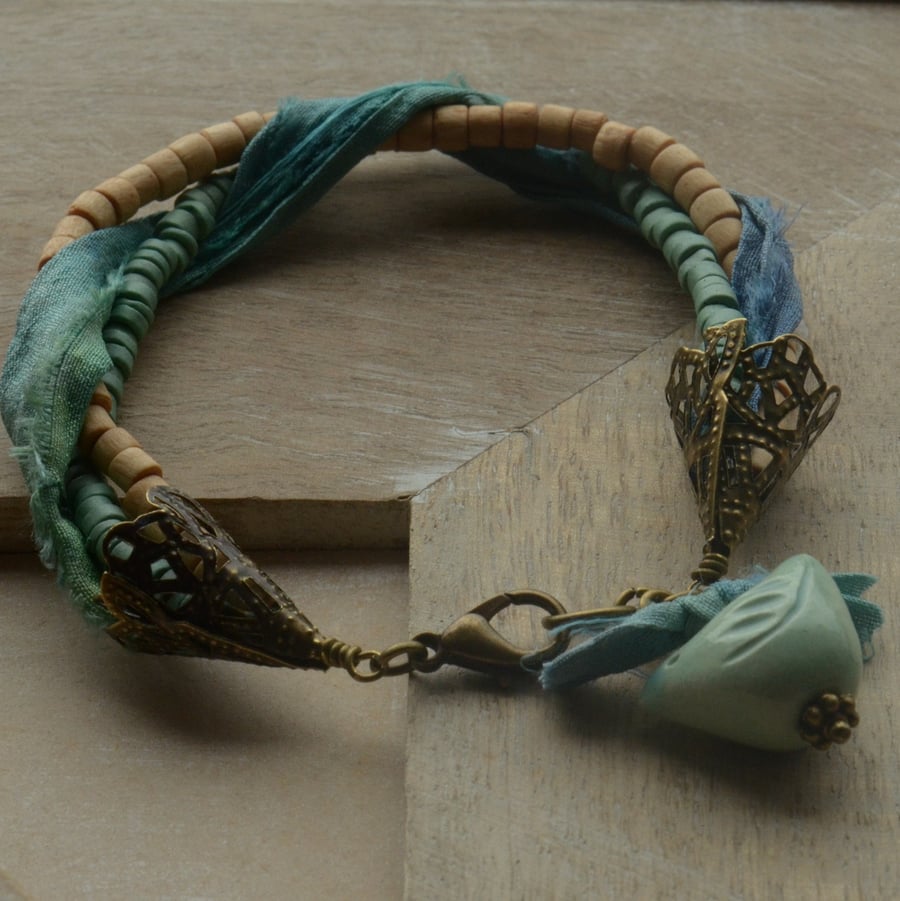 Handmade Ceramic, Wooden & Ribbon Bracelet with Bird