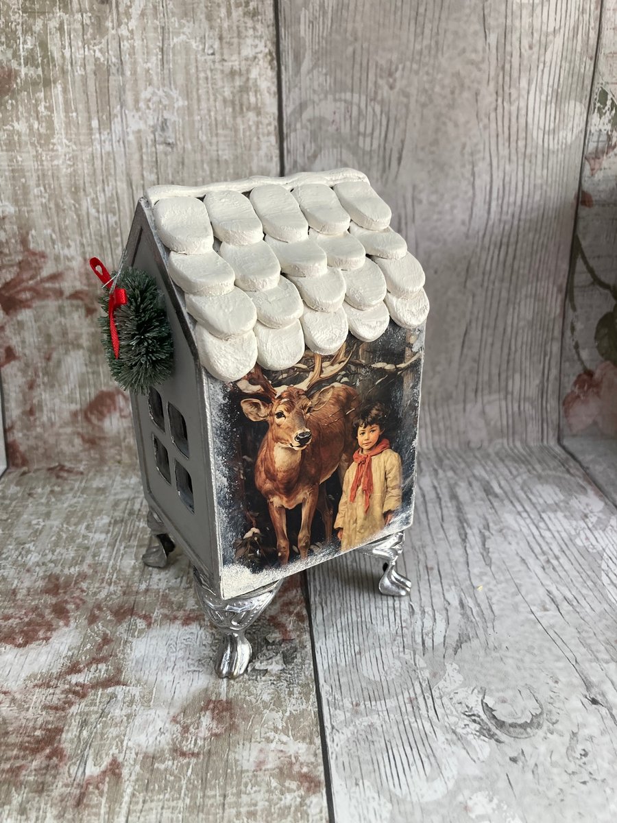 Beautiful Christmas Themed House Trinket Jewellery Tealight Box Handcrafted