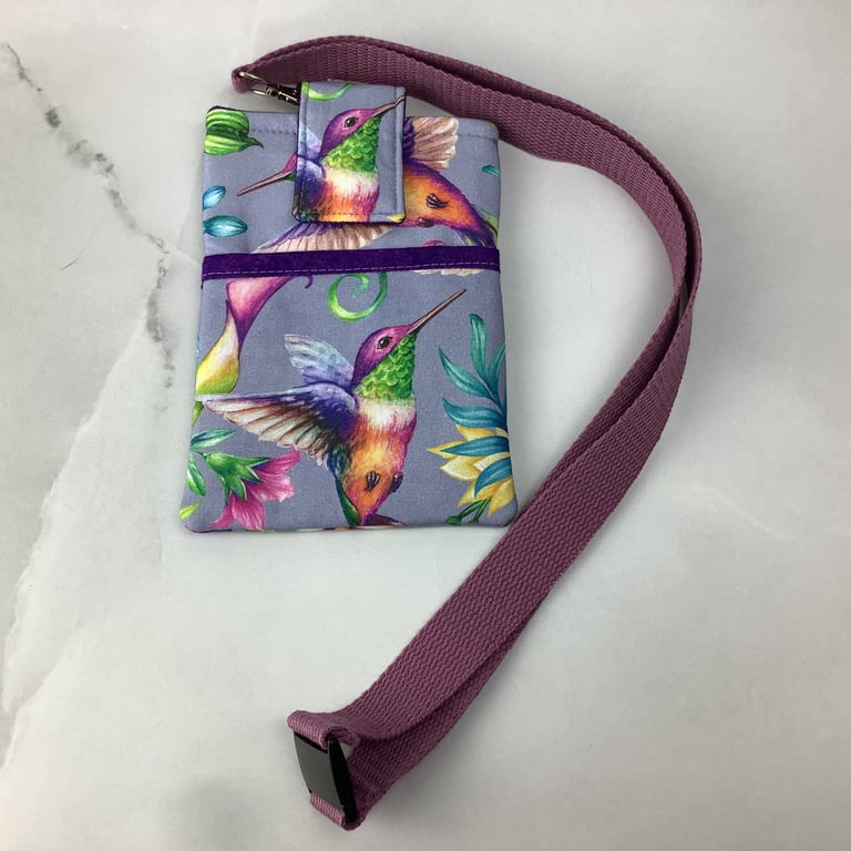 Hummingbird phone case, Birds pouch, Detachable strap, Handmade