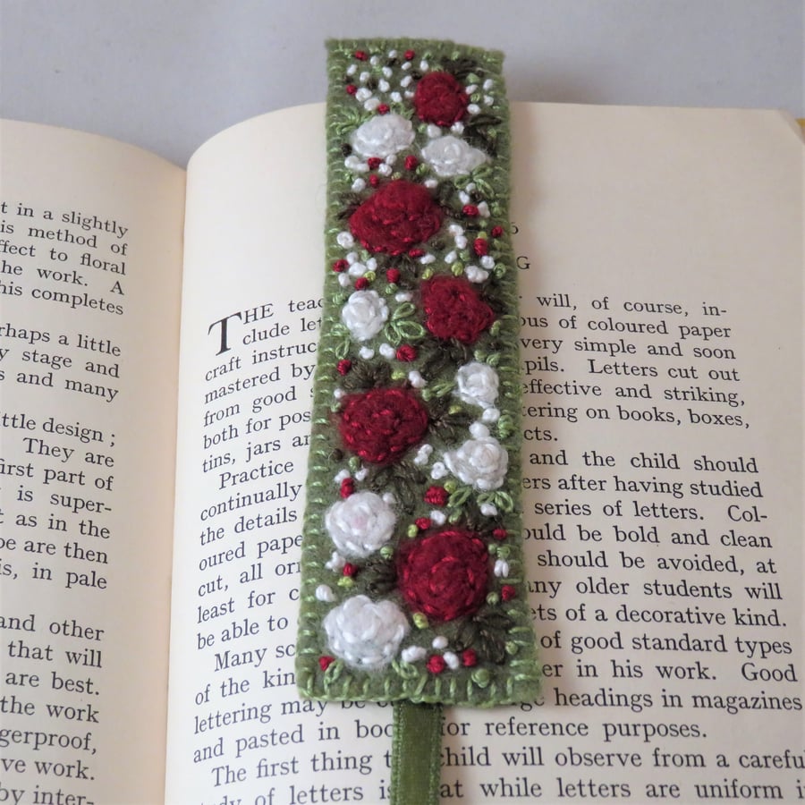 Red and white roses Bookmark - embroidered and felted