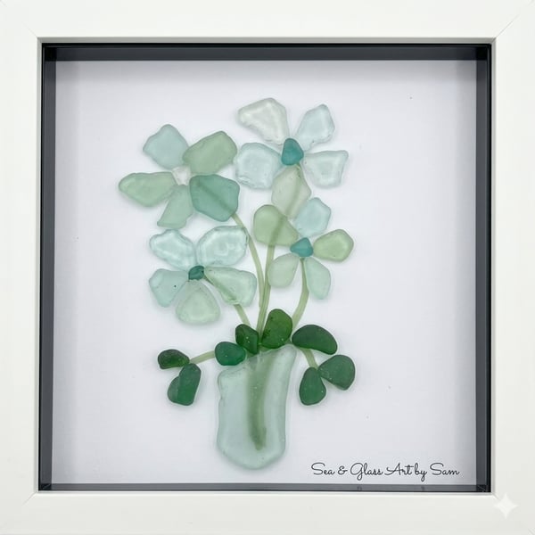 Handmade Seafoam Green Sea Glass Floral Picture - Framed 8x8 Conwy Morfa Coastal