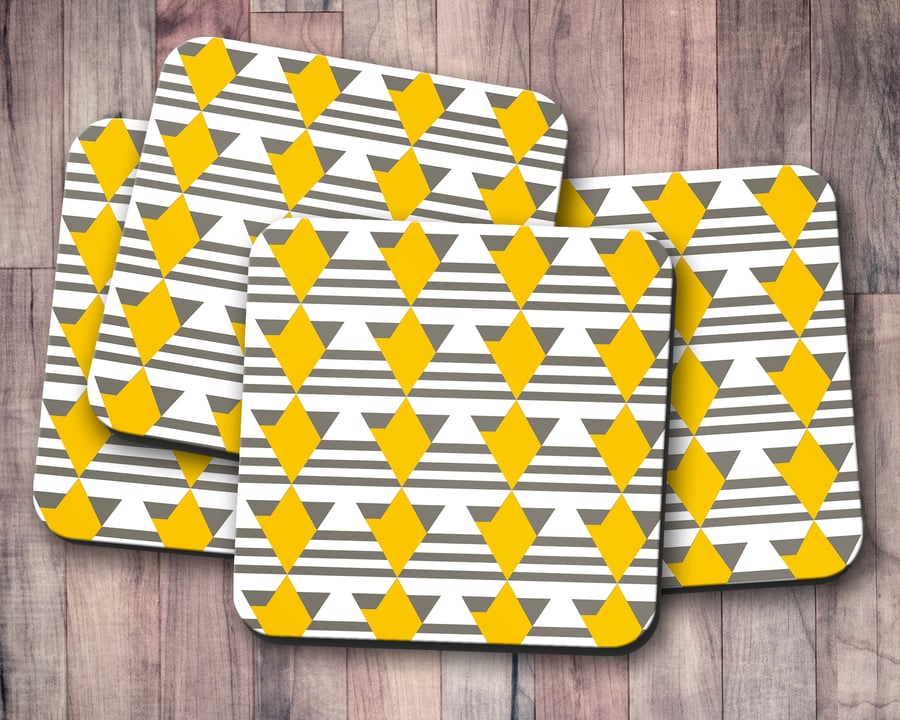 Set of 4 White with Grey and Yellow Geometric Design Coasters