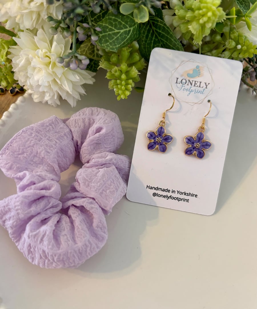Purple Floral Drop Earrings with Matching Scrunchie Gift Set