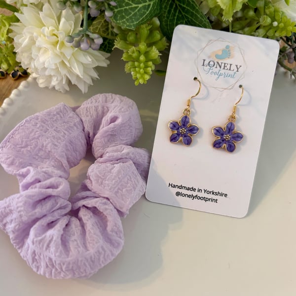 Purple Floral Drop Earrings with Matching Scrunchie Gift Set
