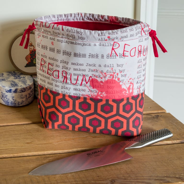 Drawstring project bag made with fabric inspired by The Shining movie