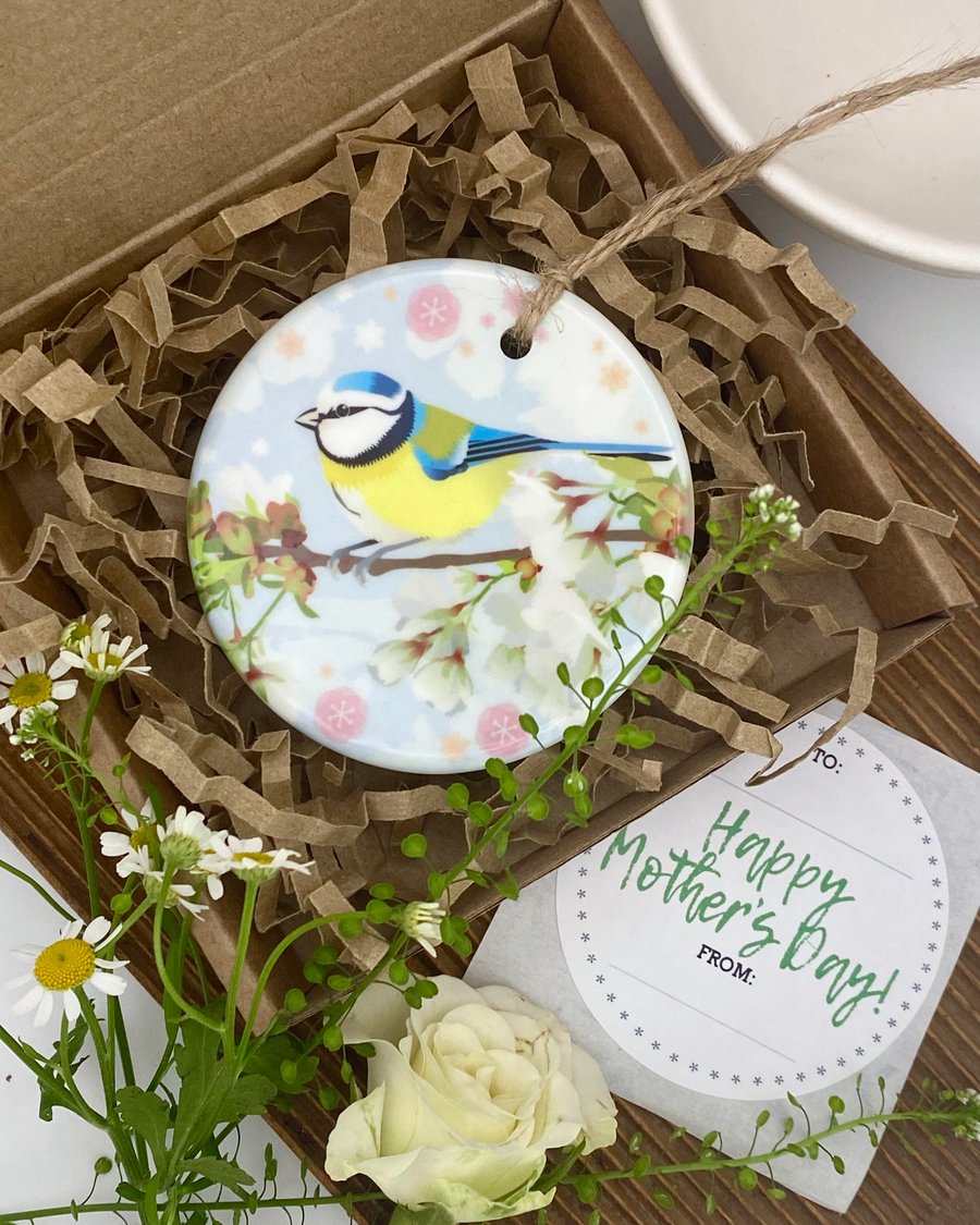 Bluetit with Cherry Blossom Ceramic Keepsake Gift Tag