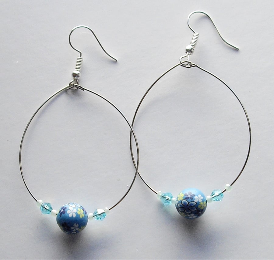 Blue Polymer Clay Bead Silver Plated Hoop Earrings - UK Free Post