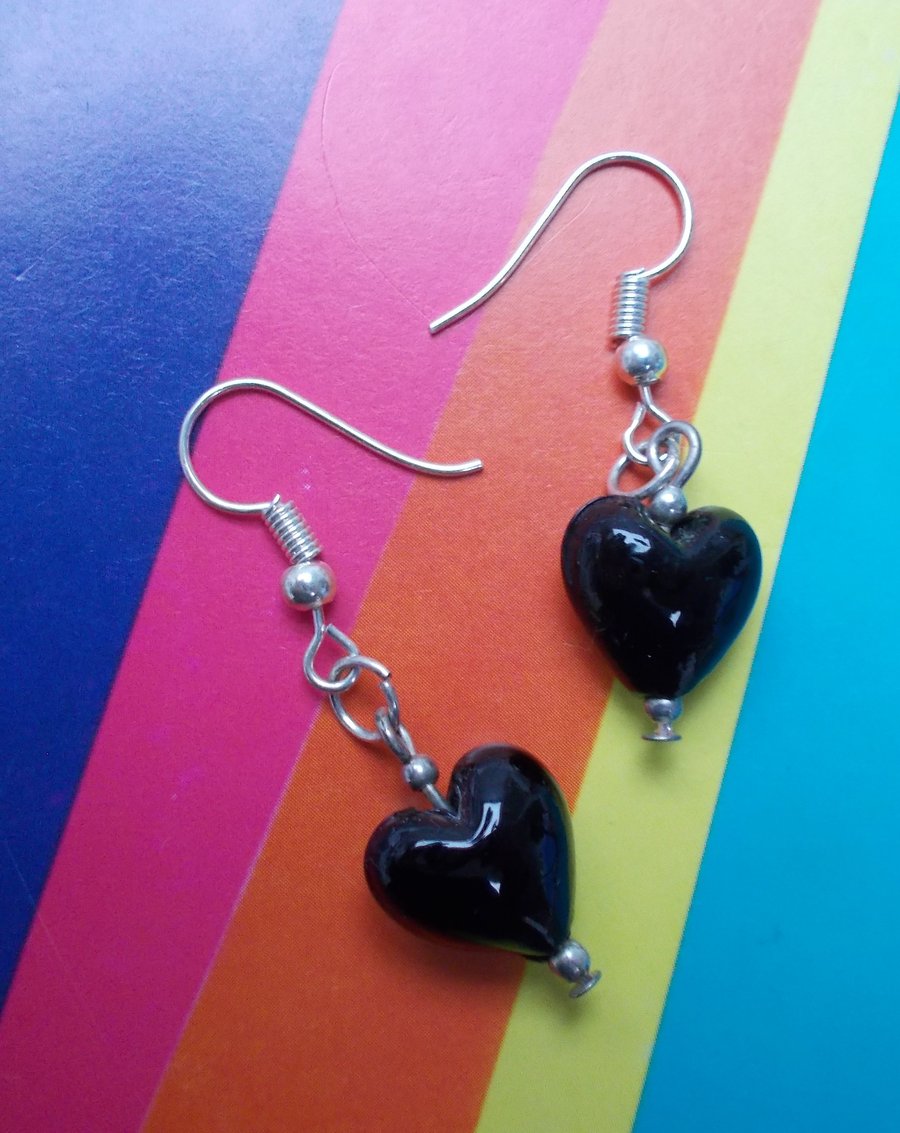Beautiful Black Glass Heart Earrings