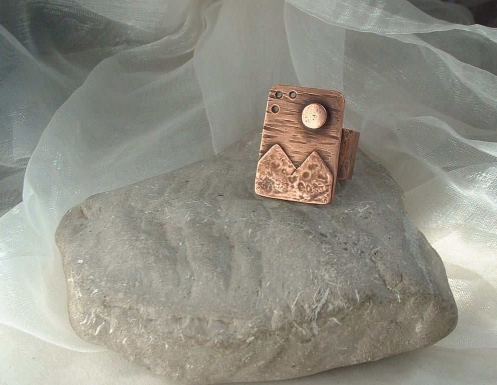 Moonlit Mountains Unisex Adjustable Rustic Copper Ring