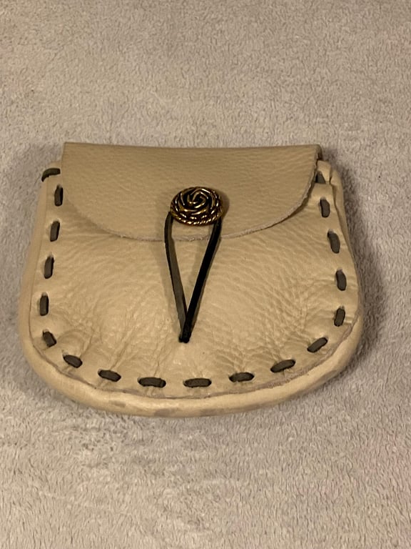 Cream coloured Leather Medieval Style Pouch - Brass Floral Rose Button Closure