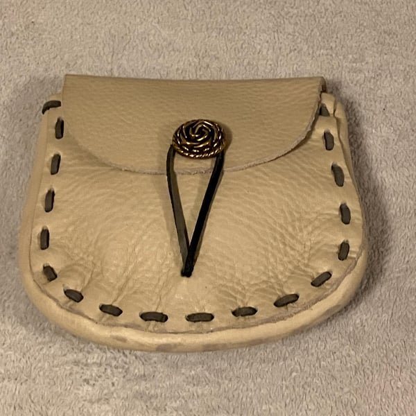 Cream coloured Leather Medieval Style Pouch - Brass Floral Rose Button Closure