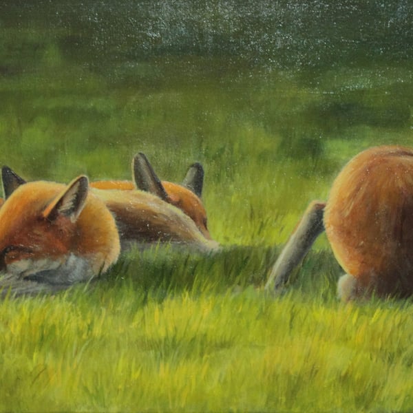 Sleeping Foxes Oil Painting, Original Animal Artwork, 26x14