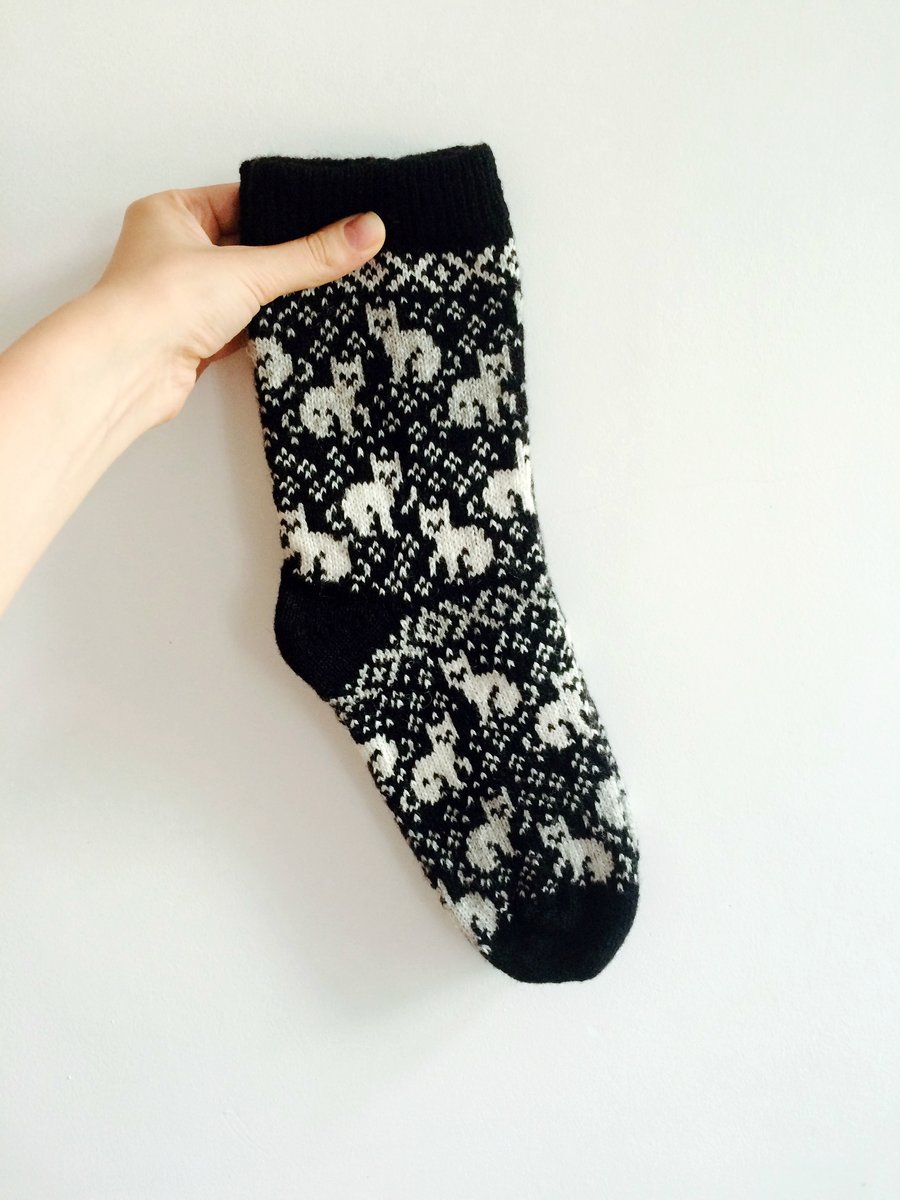 Ready to ship black wool socks cat cats kitten kittens fair isle scandinavian