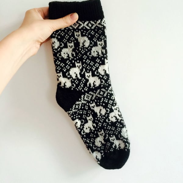 Ready to ship black wool socks cat cats kitten kittens fair isle scandinavian
