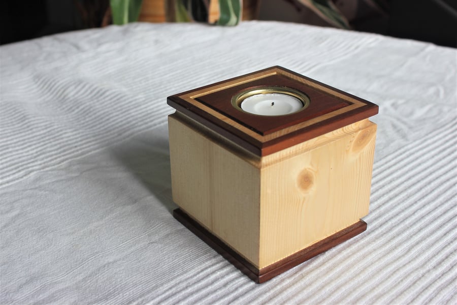 Elegant Pine tealight box holder with Mahogany trim.